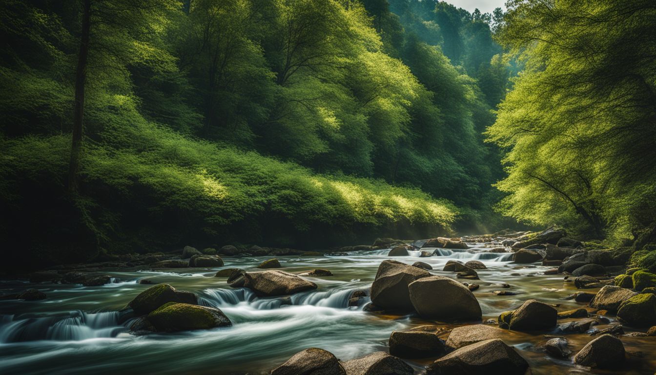 A serene nature scene with lush greenery and a flowing river.