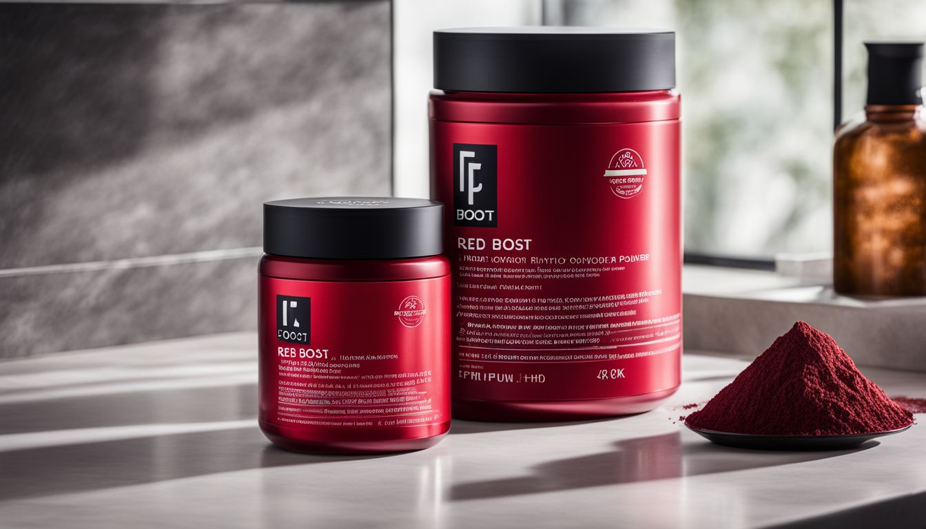 A bottle of Red Boost powder on a modern countertop with various people.