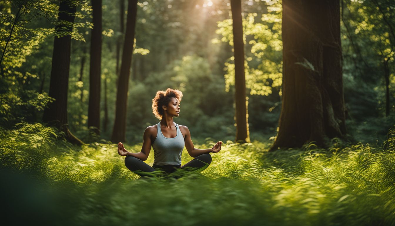 A woman practicing yoga in a scenic forest clearing.