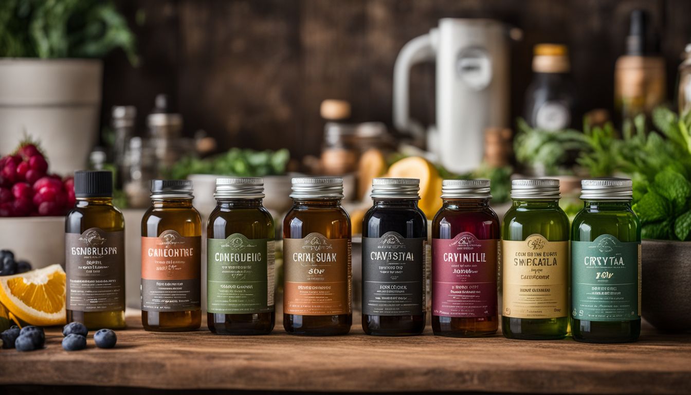 A lineup of weight loss tonics surrounded by natural ingredients.