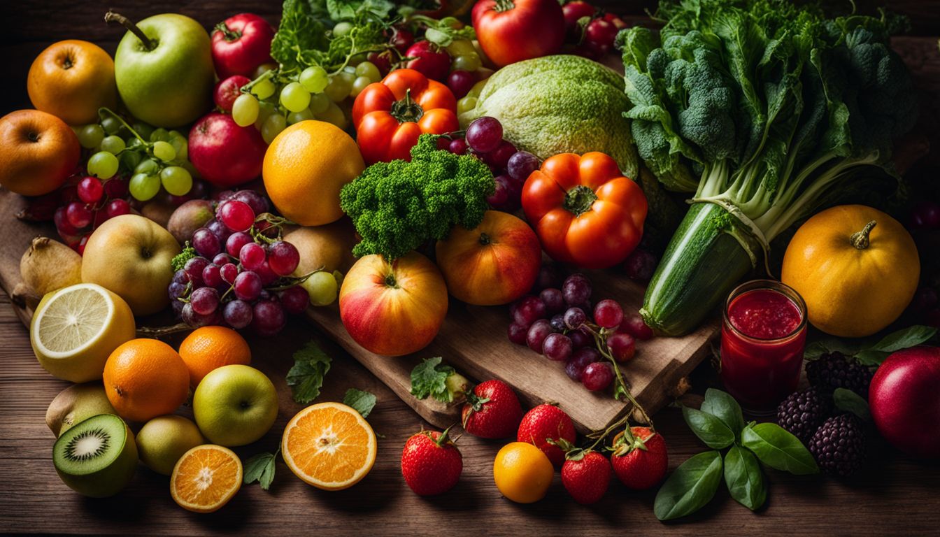 A diverse array of fresh fruits and vegetables on a wooden table.