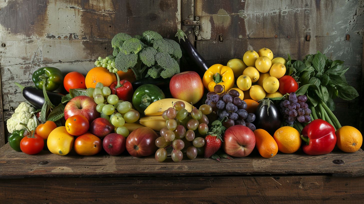 A variety of fresh fruits and vegetables on a wooden table.