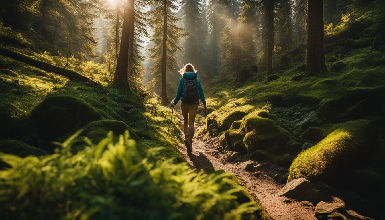 A person hiking through lush natural landscapes in a variety of outfits.