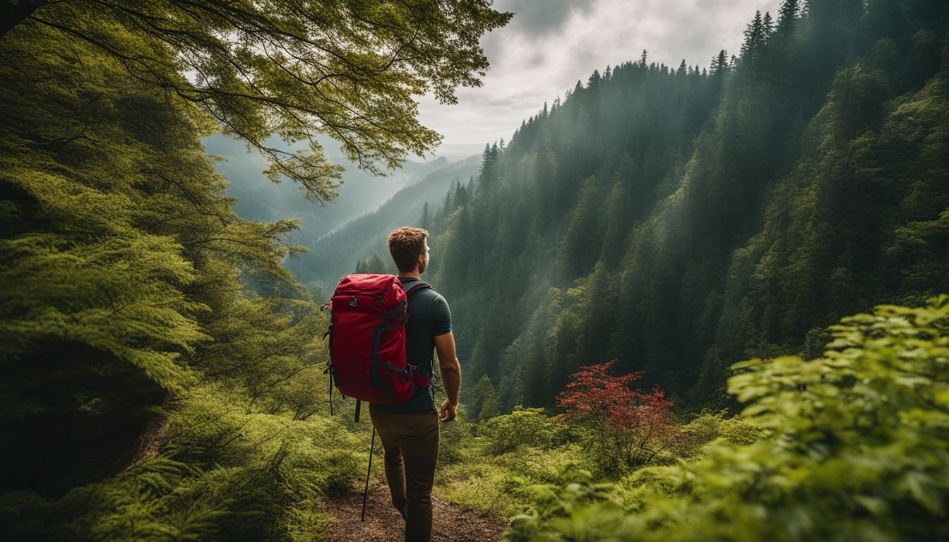 A man hiking in a lush forest with Red Boost ingredients displayed.