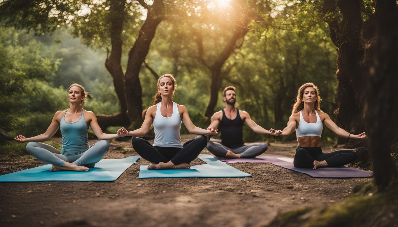 A diverse group of people practicing yoga in a peaceful natural setting.