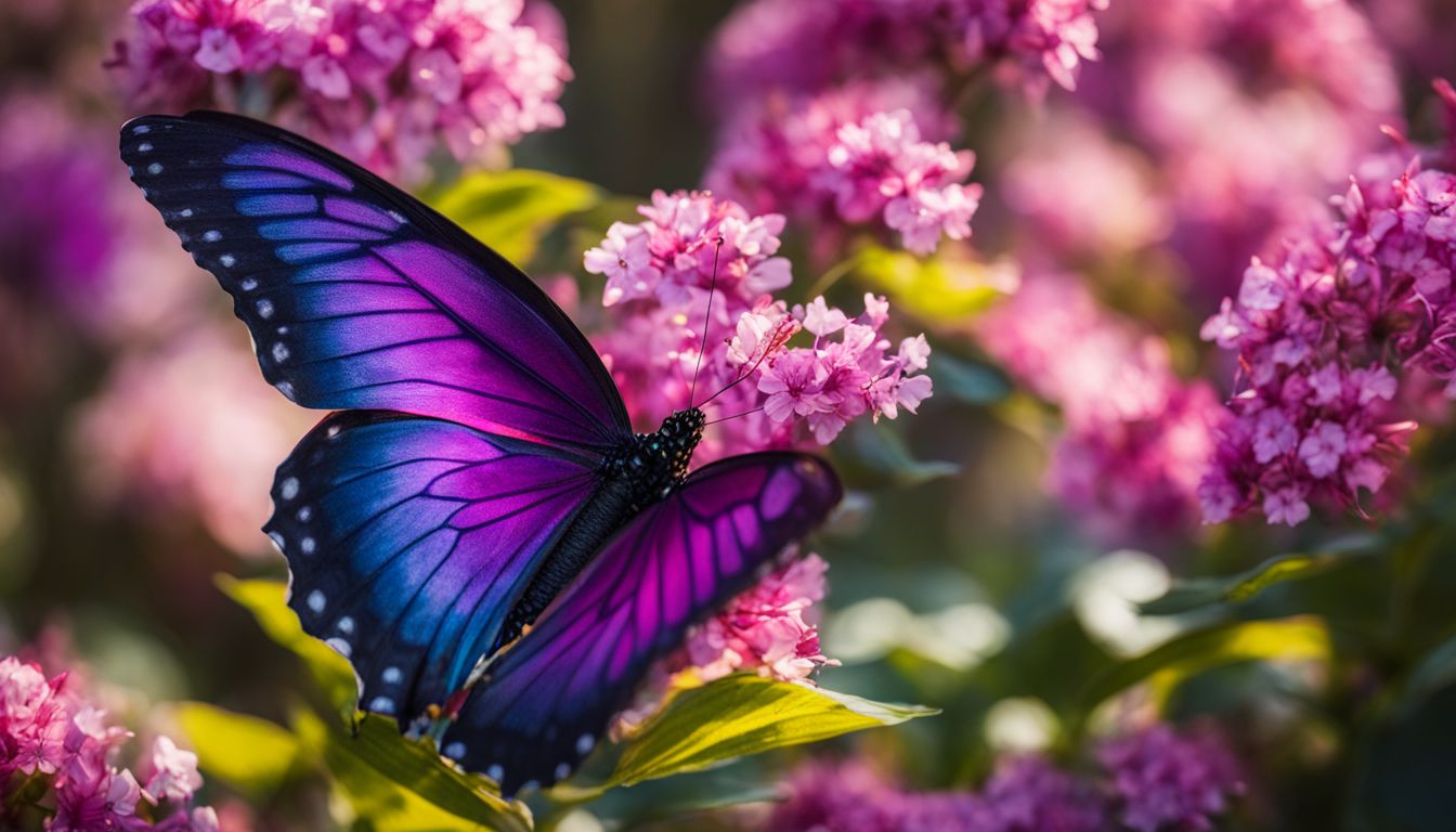 The photo captures vibrant butterfly wings against a backdrop of blooming flowers.