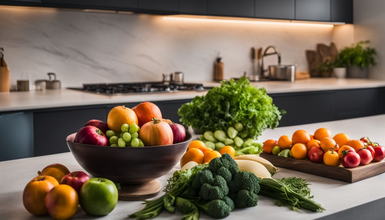 A variety of fresh fruits and vegetables arranged on a kitchen counter.