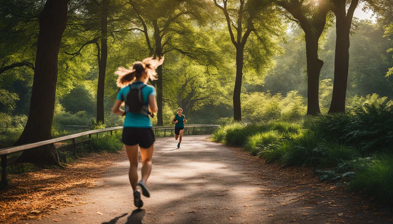 A person jogging in a scenic park with lush greenery.