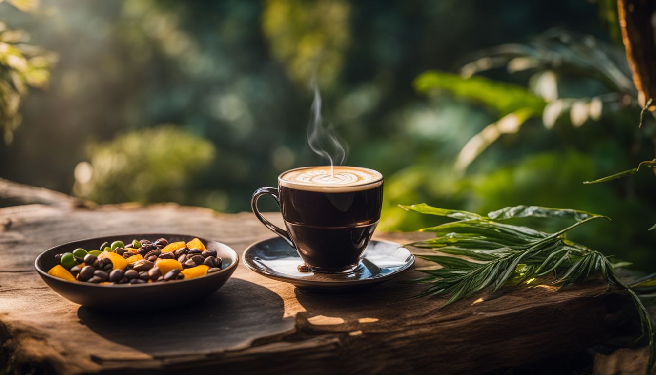 A cup of Java Burn surrounded by natural ingredients with diverse people.