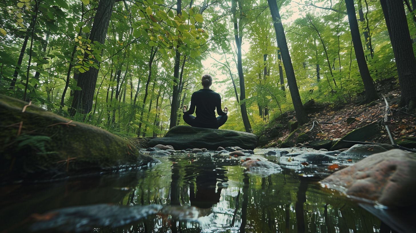 A person practicing yoga in a serene natural environment.