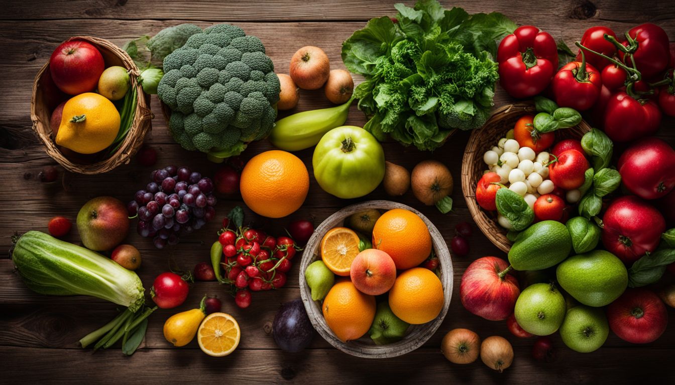 A variety of fresh organic fruits and vegetables displayed on a wooden table.