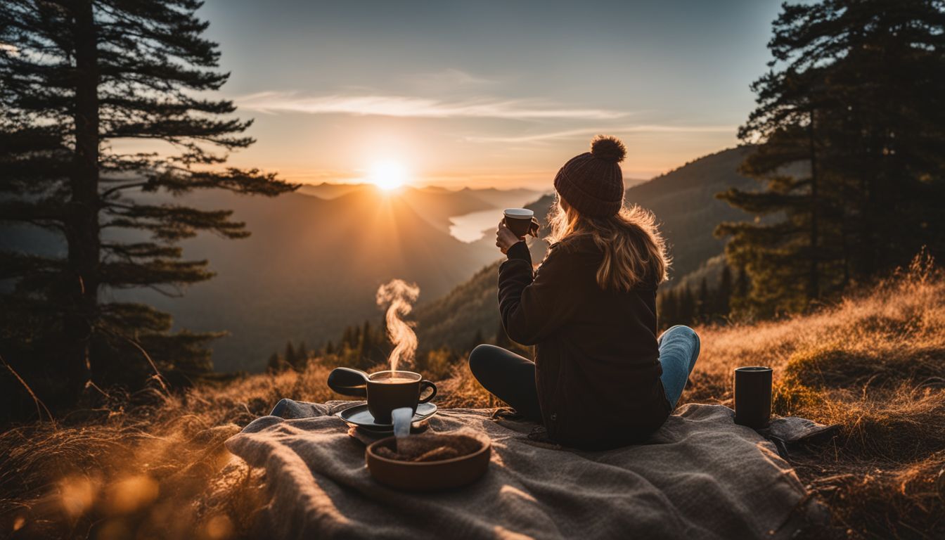 A person enjoying morning coffee with Java Burn overlooking a scenic sunrise.