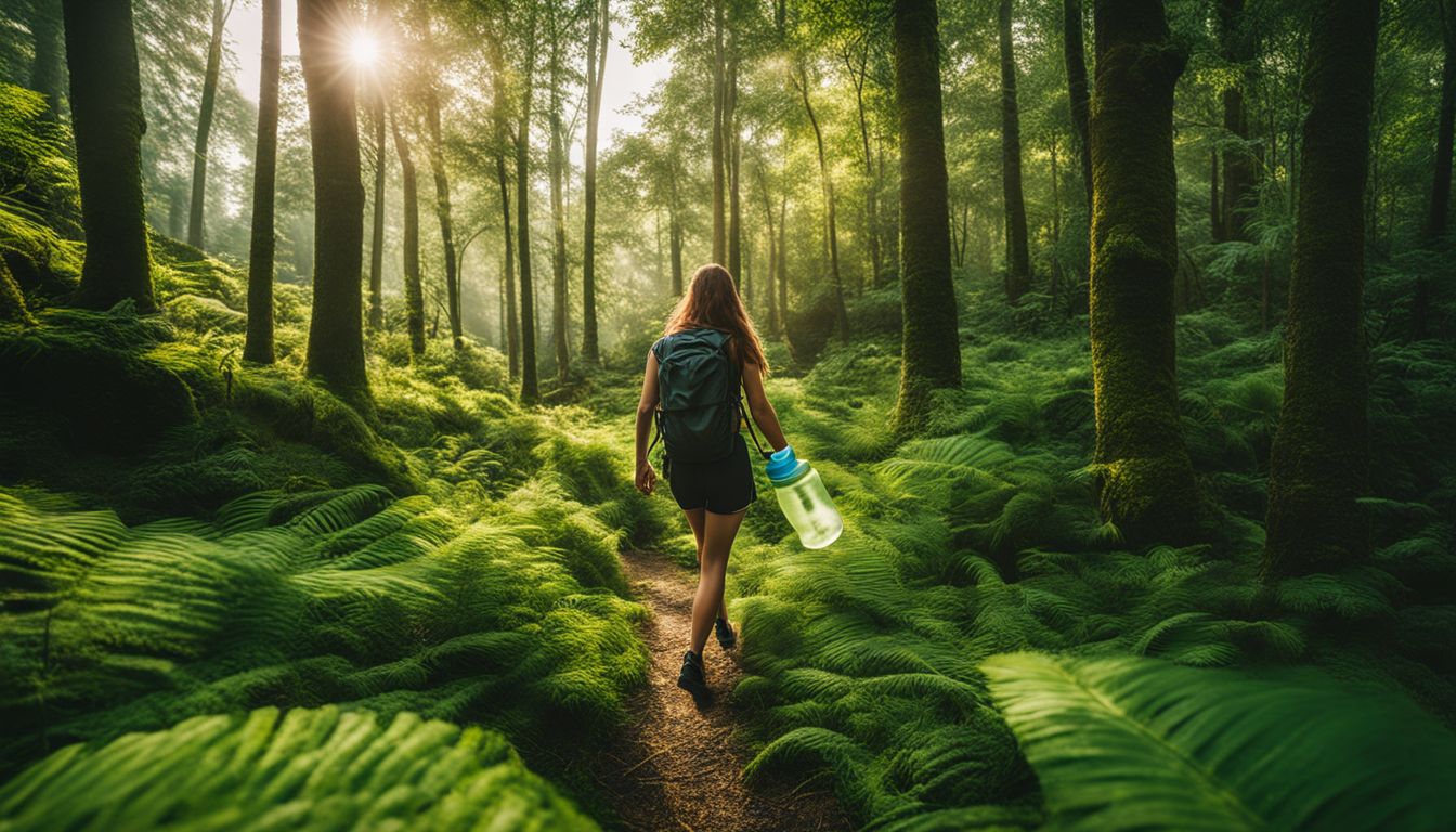 A person walks through a lush forest with a bottle of Liv Pure.