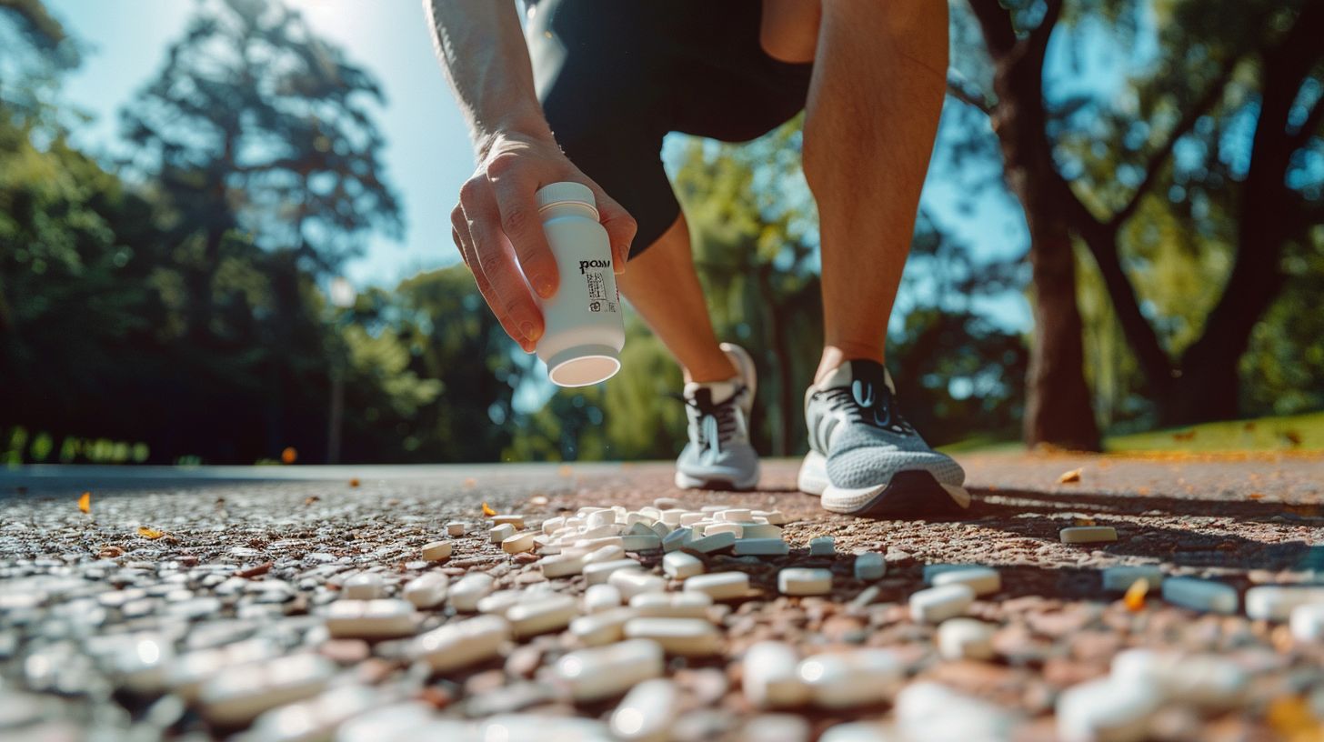 A person takes ProvaSlim supplement while exercising outdoors.
