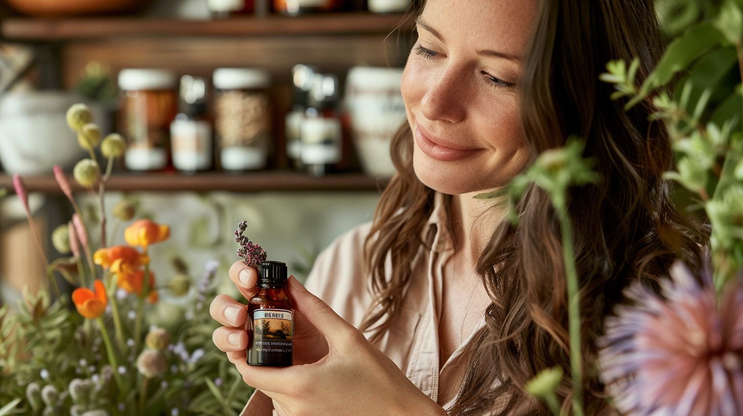 A woman holds a bottle of Puravive surrounded by natural ingredients.