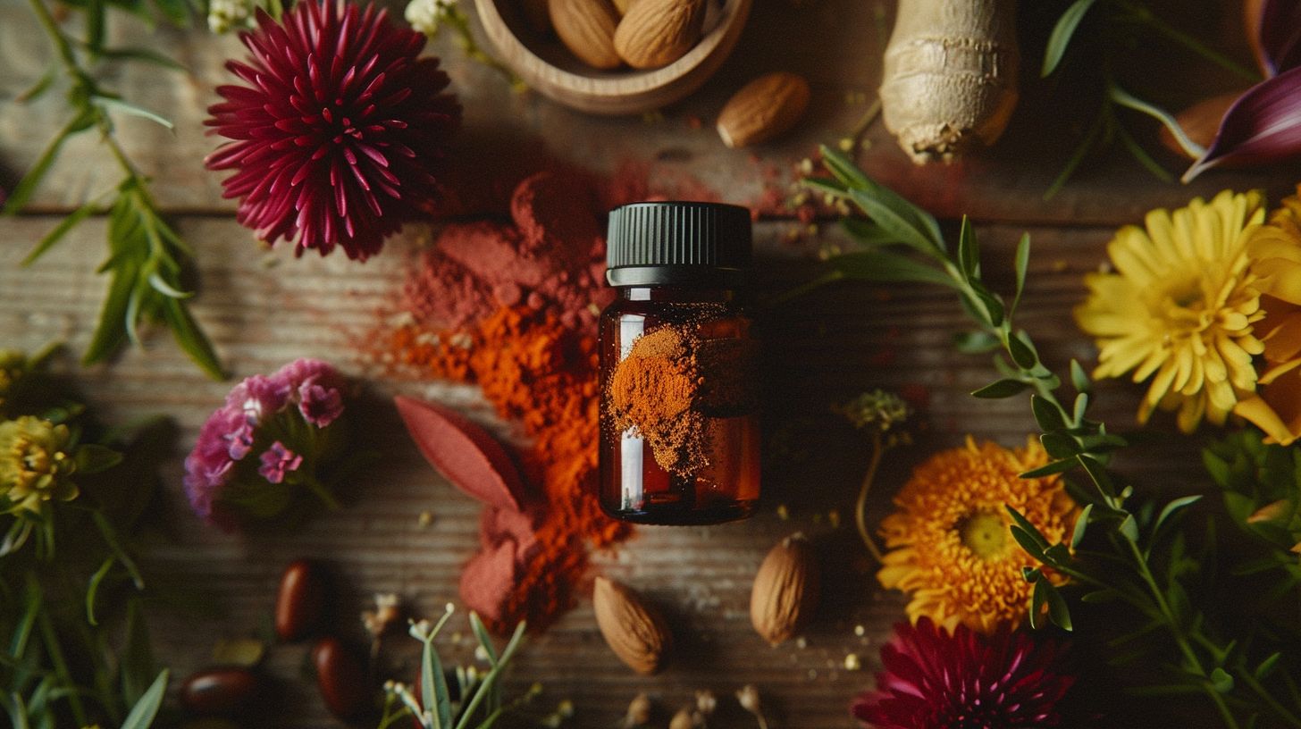 A bottle of Red Boost powder surrounded by natural ingredients in a nature photography shot.