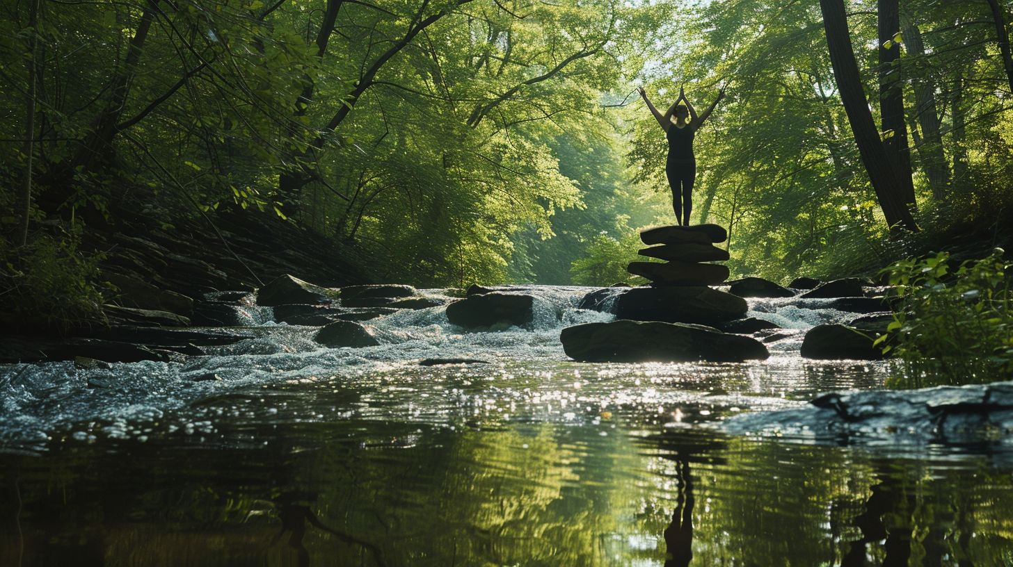 A person practices outdoor yoga in a serene natural environment.