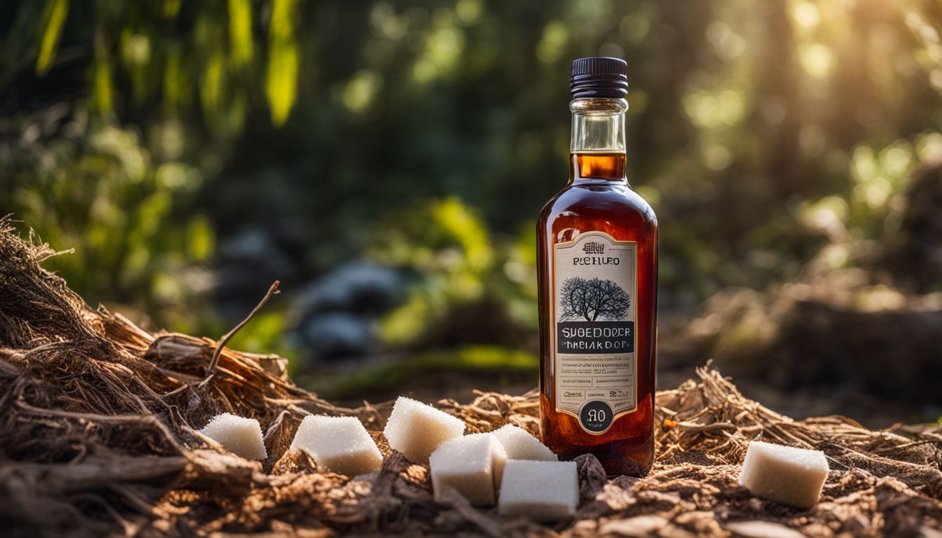 A bottle of Sugar Defender surrounded by natural ingredients in cinematic setting.