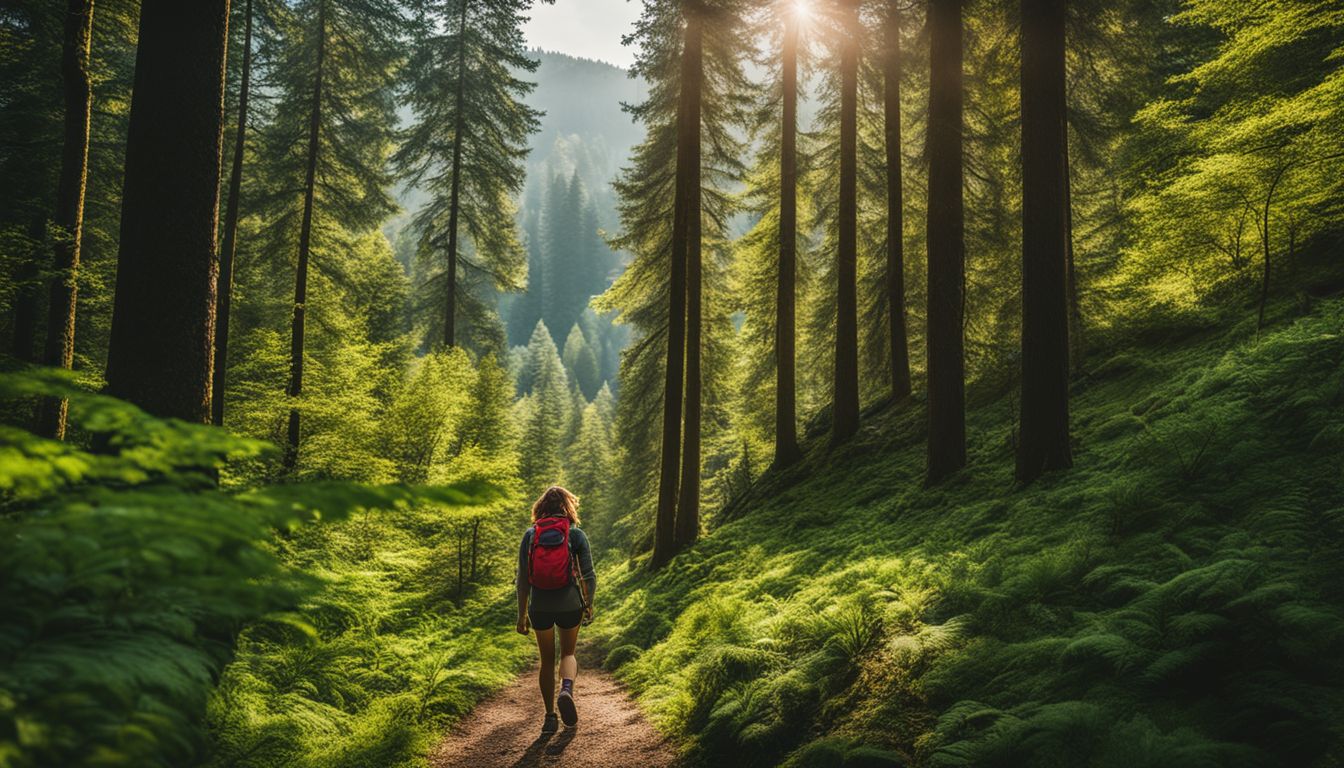 A person hiking through a vibrant forest in different outfits.
