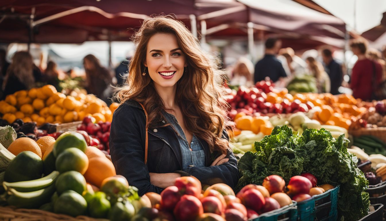 A woman surrounded by fresh fruits and vegetables at a farmers' market.
