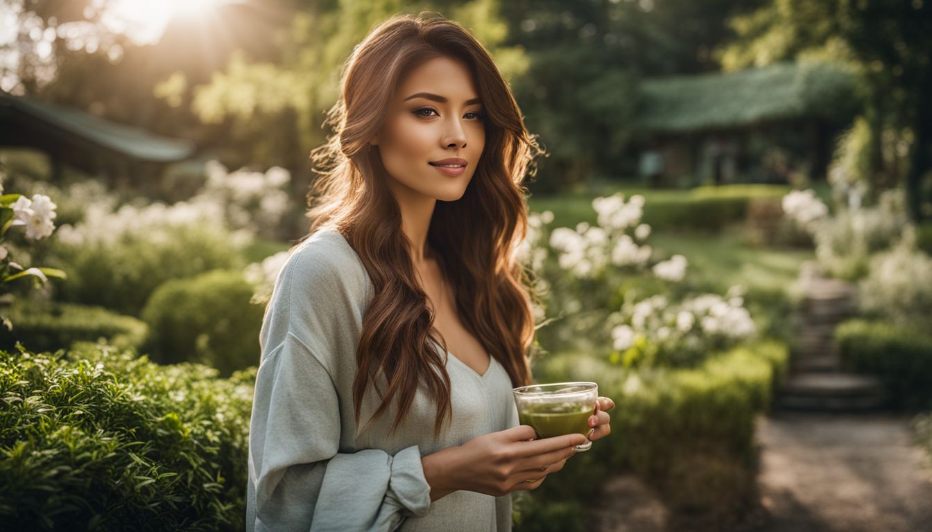 A woman enjoying a probiotic green tea in a peaceful garden.