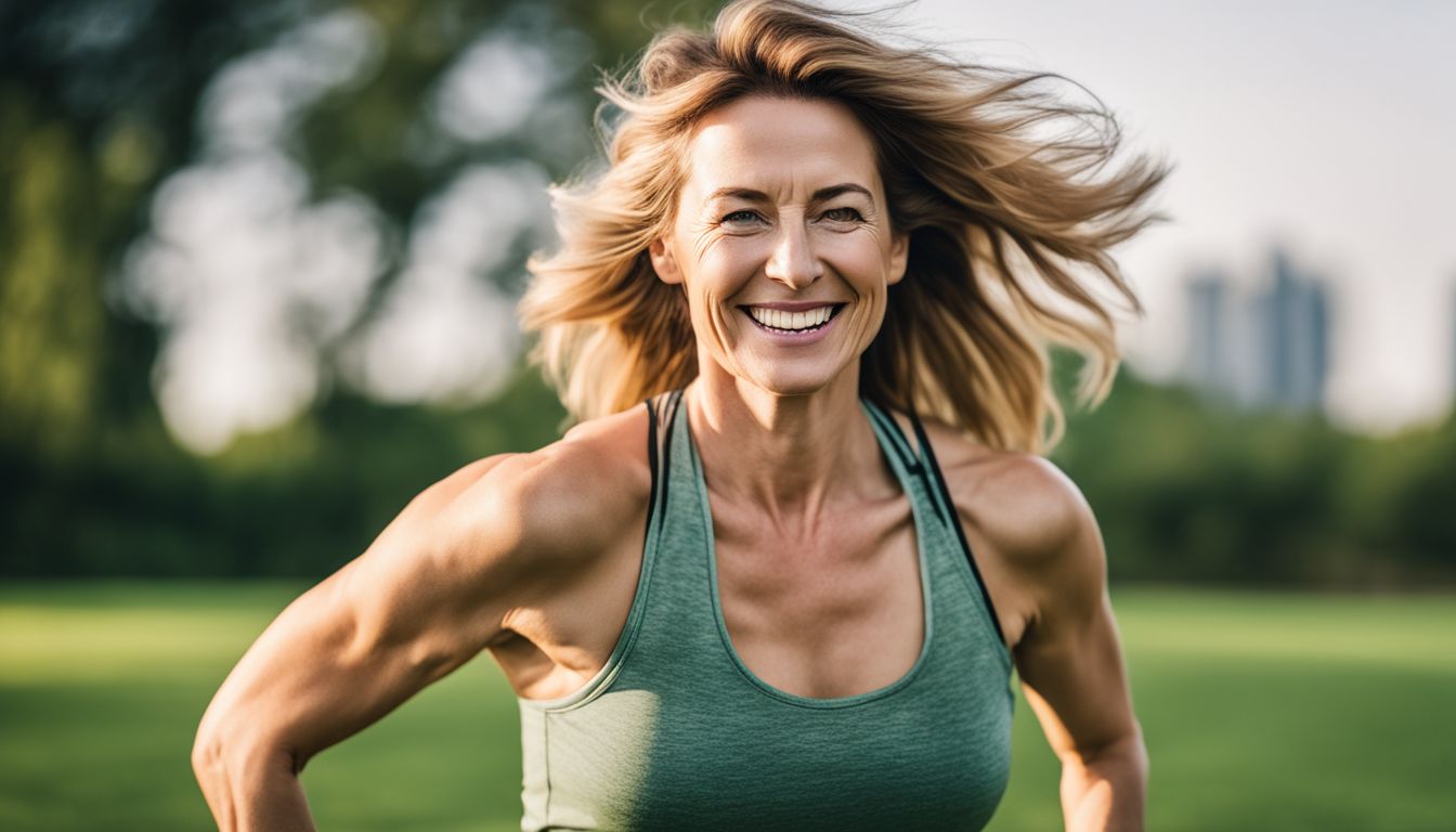 A middle-aged woman smiling while exercising in a green park.