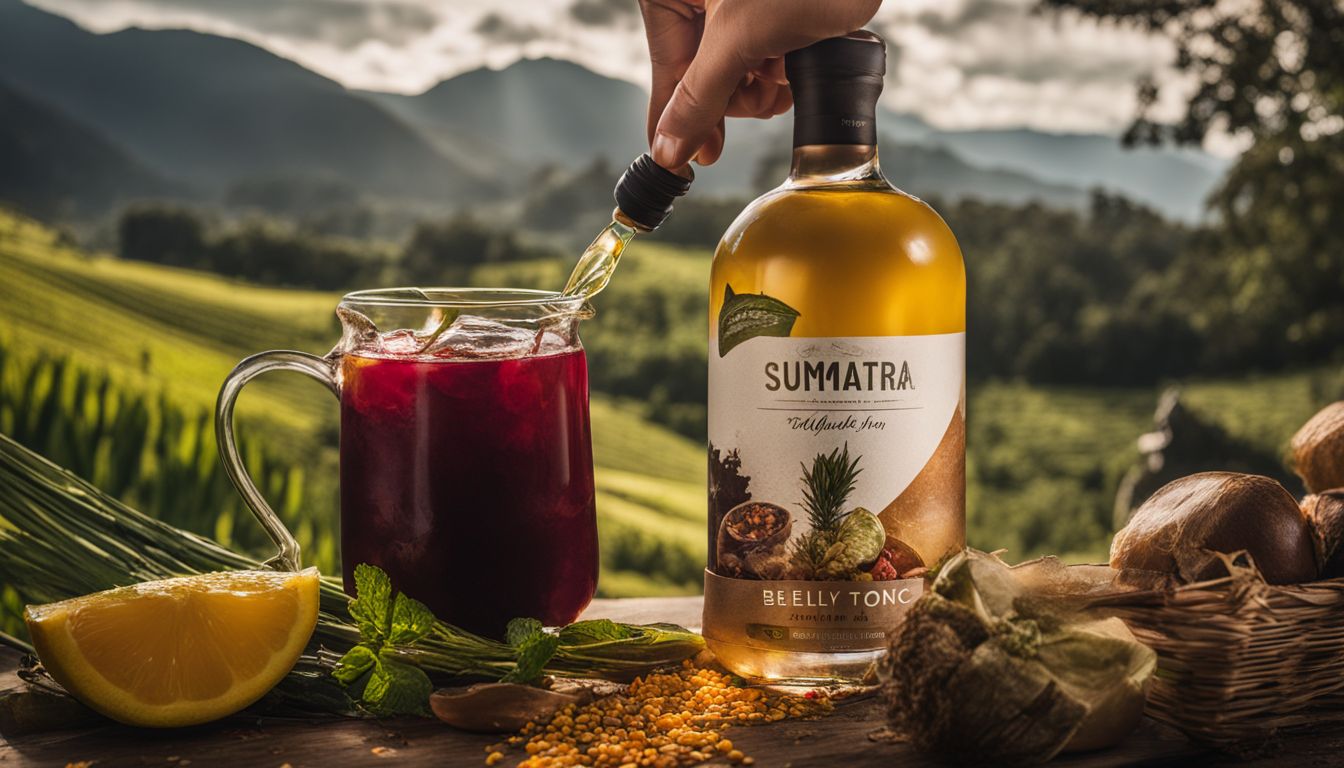A person holds a bottle of Sumatra Slim Belly Tonic surrounded by natural ingredients.