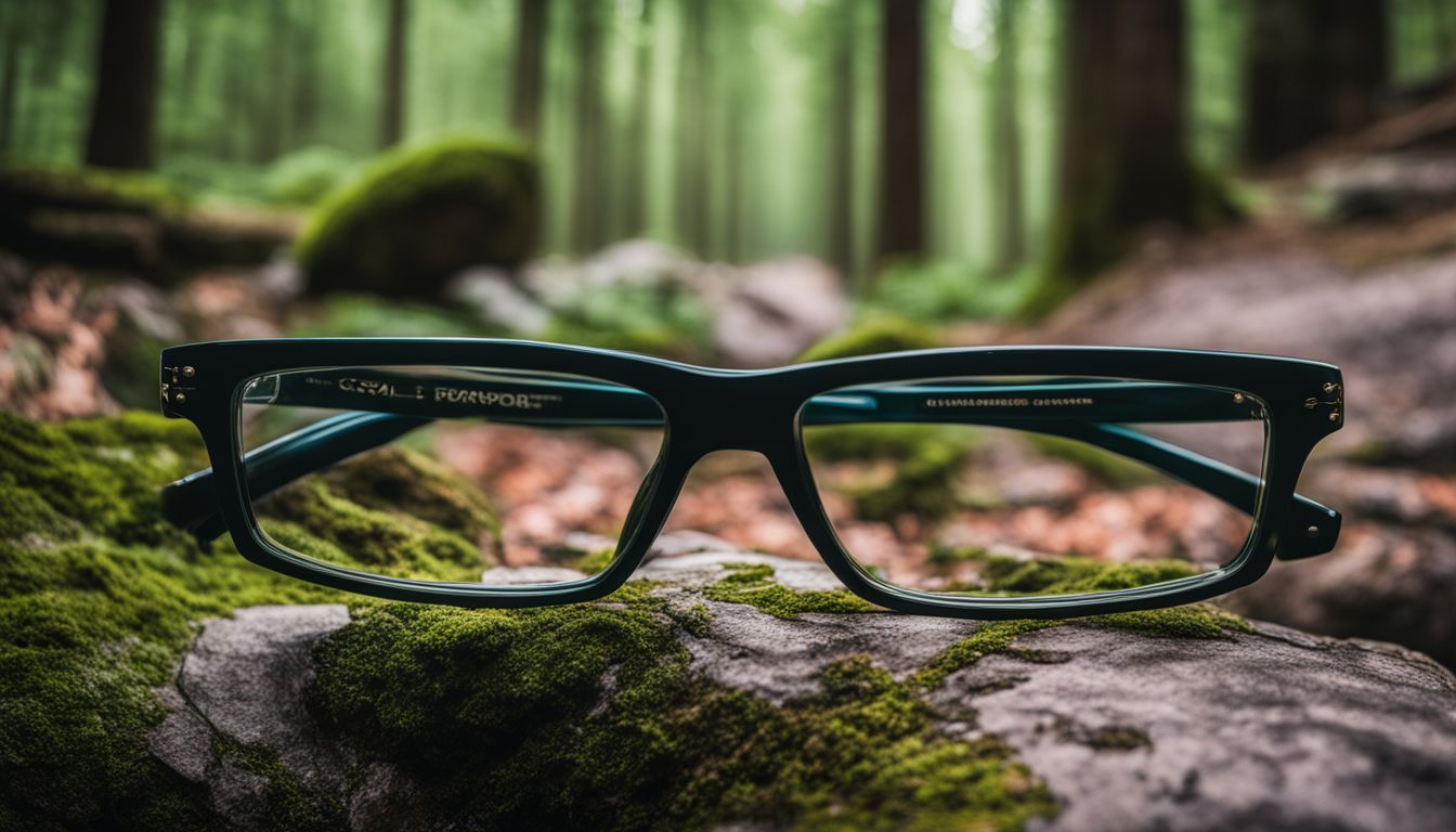 A pair of glasses resting on a boulder in a tranquil forest.
