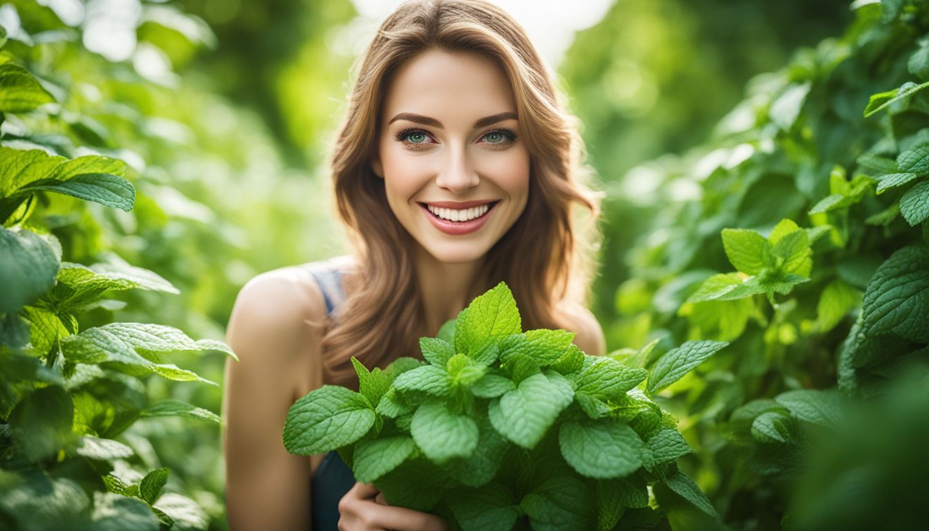 A confident person surrounded by fresh mint leaves, smiling.