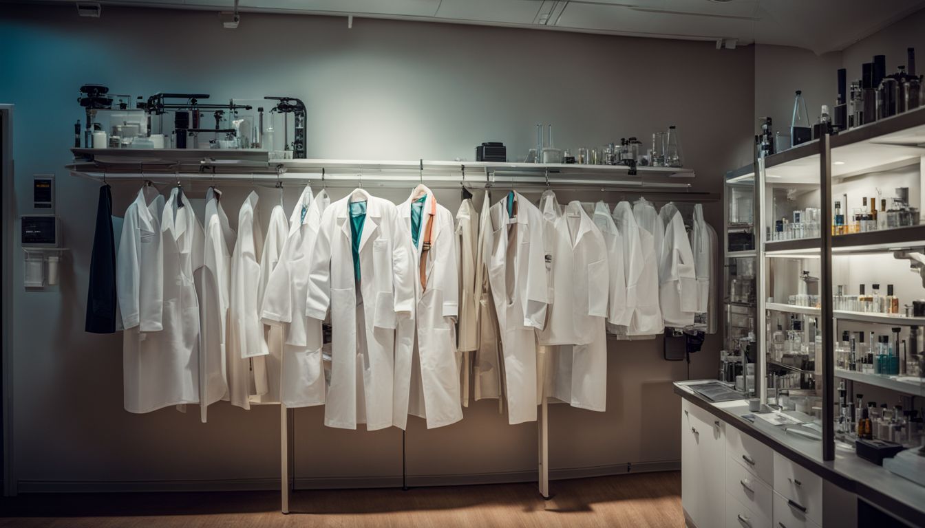 A lab coat hanging in a laboratory surrounded by scientific equipment.