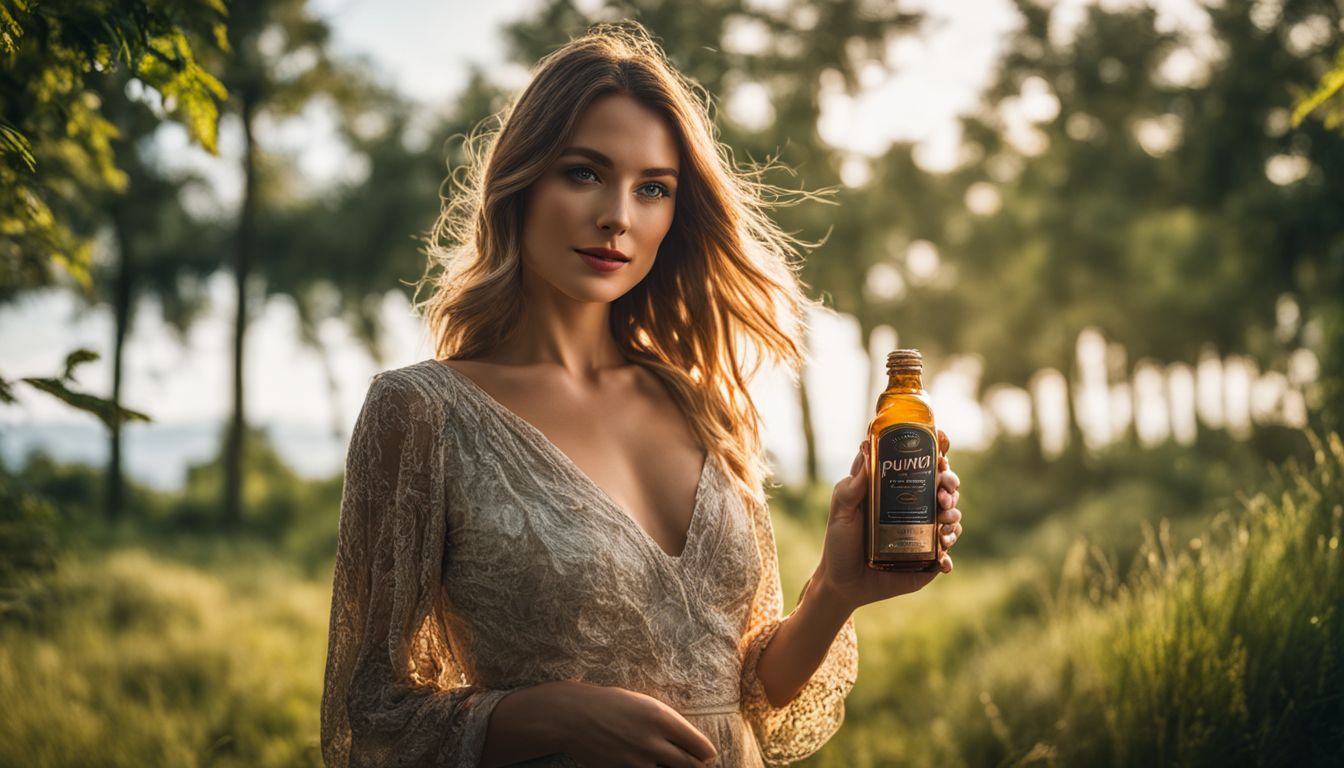 A woman holding a bottle of Puravive in a natural setting.